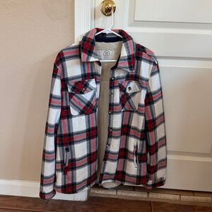 Red and Gray Plaid Button-Up Jacket